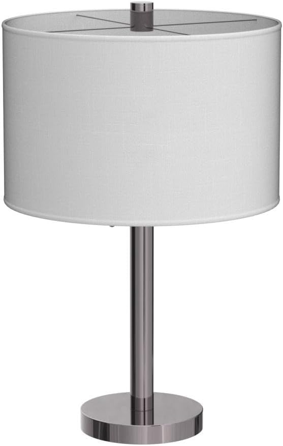 Adesso Brushed Steel Table Lamp with White Fabric Shade – Dual Socket Pull Chain Accent Light for Bedroom, Living Room, or Home Office, 28” Tall