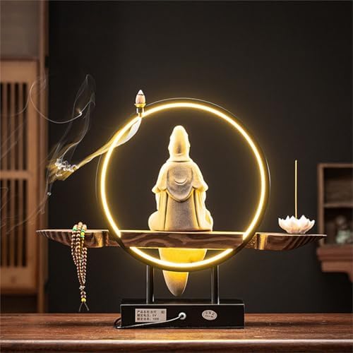 LED Ring Light Ceramic Buddha Incense Burner - Indoor Bonsai Tree Decorative Figurine for Home & Office Decoration, Zen Decor, Spiritual Gift, Meditation Accessory