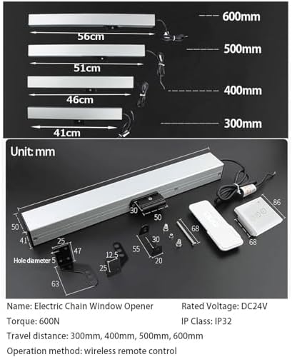 Electric Window Opener Actuator, 24V Chain Window Opener with Remote Control & Switch, 300mm-800mm Stroke for Skylight Windows and Roof Vents (600mm)