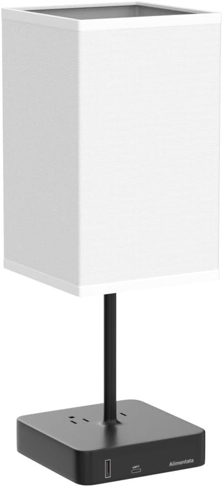 Bedside Table Lamp with Touch Control & USB C+A Charging Ports LED Desk Lamp with 2 AC Outlets, Minimalist Nightstand Light with Black Fabric Shade for Bedroom, Living Room, Office, White