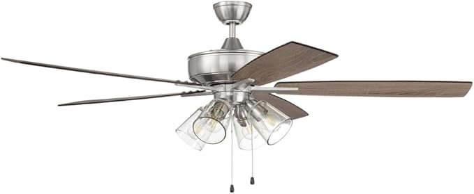 Craftmade S104BNK5-60DWGWN Super Pro 60" Ceiling Fan with LED Lights & Pull Chain, 5 Reversible Driftwood/Grey Walnut MDF Blades, Brushed Polished Nickel