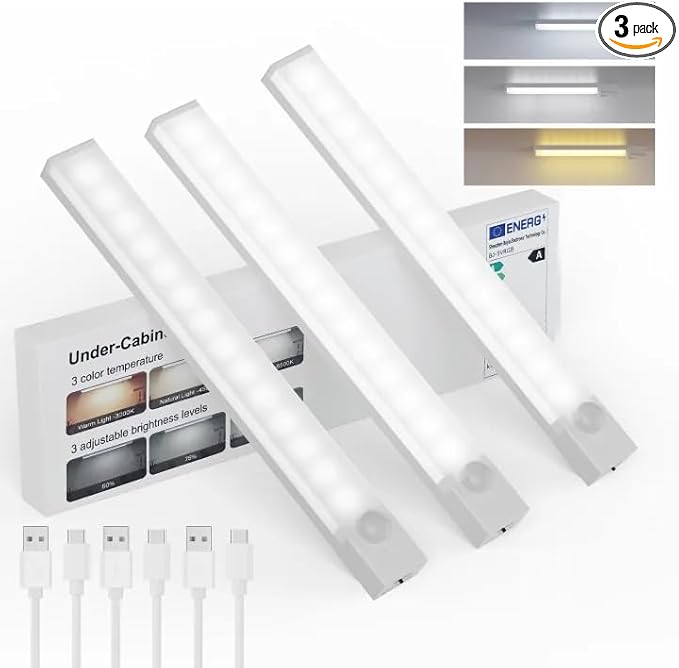 Under Cabinet Lighting 8 Inches Rechargeable Motion Sensor Light Indoor, 3 Color Dimmable Closet Light Battery Operated, USB Stick on LED Magnetic Under Counter Lights for Kitchen Stair, 3 Packs