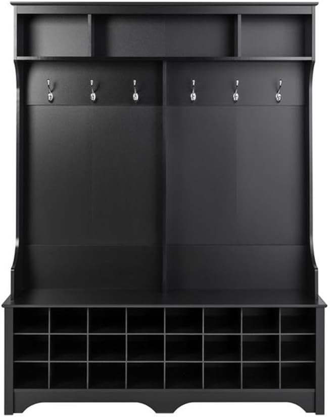Prepac Black Hall Tree, Shoe Cabinet, Storage Cabinet with 24 Shoe Cubbies and 6 Double Coat Hooks 15.5" D x 60" W x 77" H