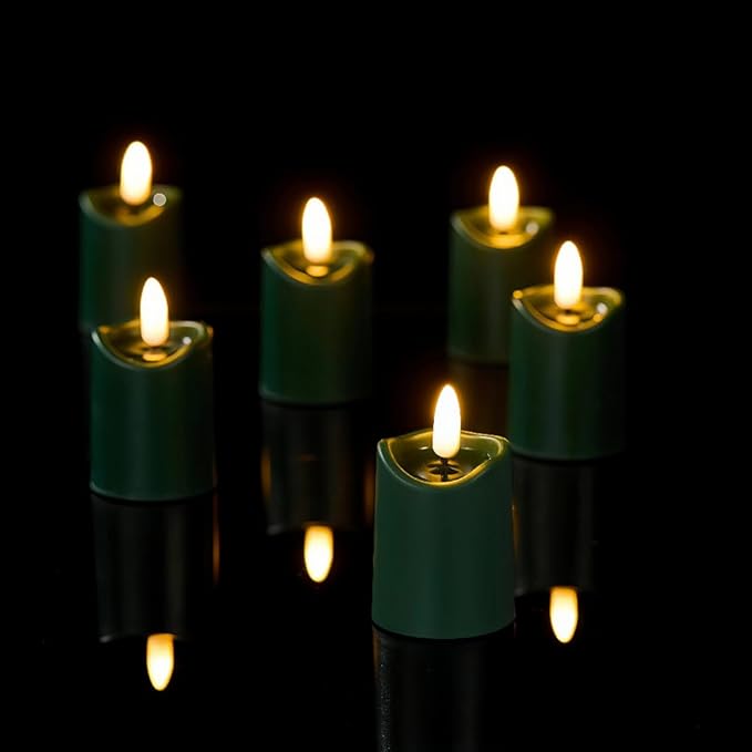 Simplelight Green Flameless Votive Candles with Timer, Realistic Black Wick Advent Wreath Candles Battery Operated, Battery Included, D 1.8” X H 3.1”, Set of 6 for Christmas Decoration(Green)