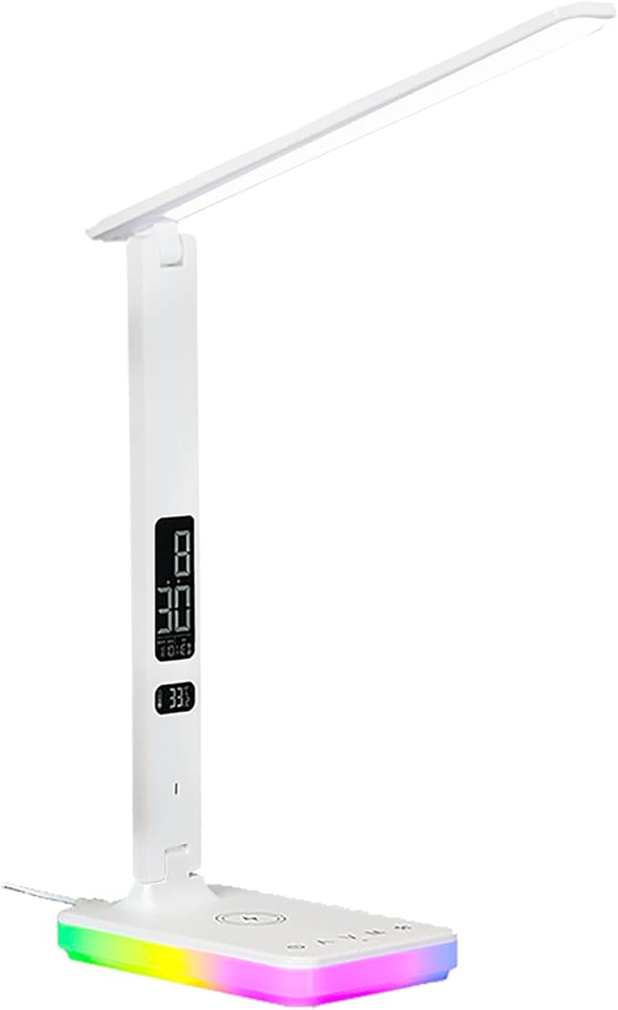 LED Desk Lamp with Wireless and Wired Charging, Foldable Table Light, 5 Brightness and 3 Lighting Modes, Time and Temperature Display, RGB Night Light, USB Powered (Single Head White)