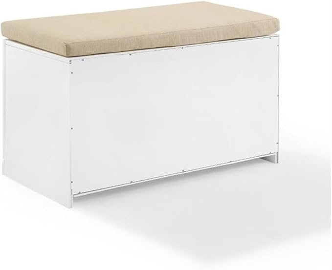 BOWERY HILL Modern Wood Entryway Bench, 20.5" H x 33" W x 16.5" D, White/Tan Finish, Linen Seat Cushion, Large Storage Drawer, Modular Design, Living Room or Entryway Furniture