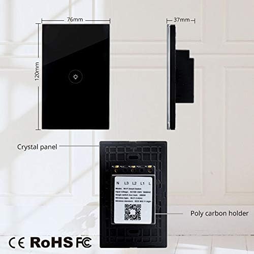 WiFi Smart Wall Touch Light Switch Glass Panel Wireless Remote Control by Mobile APP Anywhere Compatible with Alexa,Timing Function No Hub Required (Wall Switch 1 Gang)