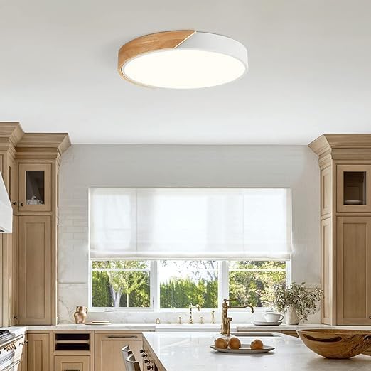 Vikaey Modern Dimmable Wood Ceiling Light, Minimalist LED 5CCT 2700K-6000K Flush Mount Ceiling Light Fixture, Round Lighting Lamp for Bedroom Living Room Dining Room Laundry, White, 15.8"