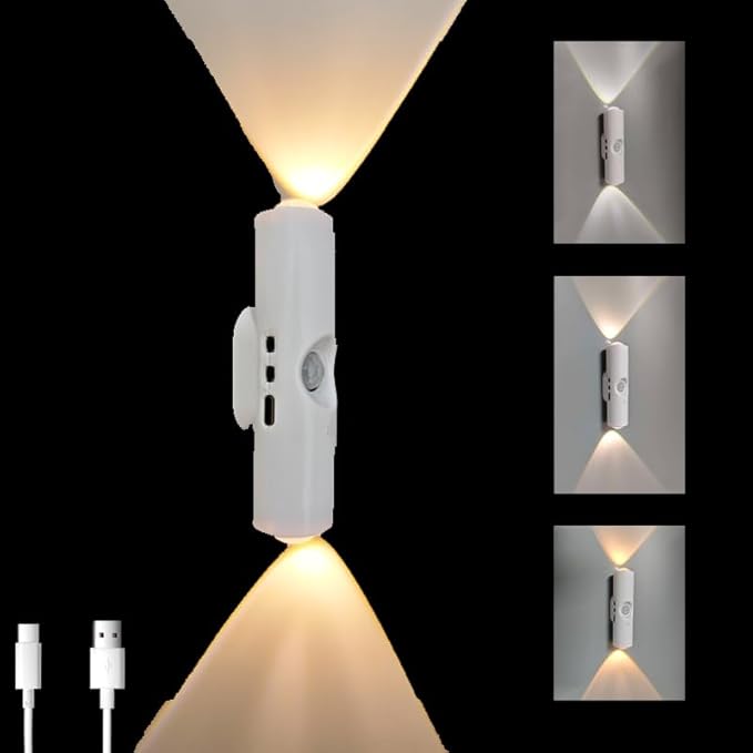 Motion Sensor Wall Lamp - Smart Indoor Night Light Wall Light, Stair Light Rechargeable Sensor Bathroom Light for Bathroom, Bedroom, Living Room, and Courtyard(White, 3 Colors)