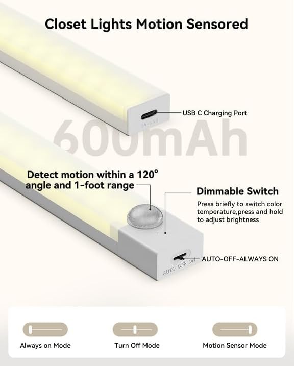 Under Cabinet Lighting 12 Inches Rechargeable Motion Sensor Light Indoor, 3 Color Dimmable Closet Light Battery Operated, USB Stick on LED Magnetic Under Counter Lights for Kitchen Stair, 6Packs