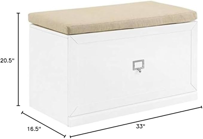 BOWERY HILL Modern Wood Entryway Bench, 20.5" H x 33" W x 16.5" D, White/Tan Finish, Linen Seat Cushion, Large Storage Drawer, Modular Design, Living Room or Entryway Furniture