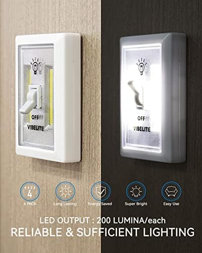 VIBELITE Closet Light, Battery Operated Switch Light, Tap Light, Touch, Push Night Lights, Wall Wireless Mount Under Cabinet, Shelf, Shed, Kitchen, Garage, Attic, RV, Lighting Installations (4-Pack)