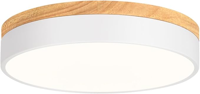 Modern Wood Flush Mount Ceiling Light, White LED 5CCT 2700K-6000K Dimmable Ceiling Light Fixtures, Round Close to Lighting Fixture for Kitchen Entryway Hallway Bedroom Laundry Room-11.8in