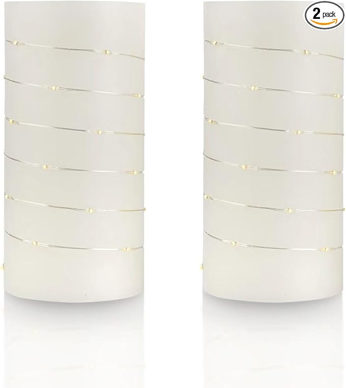 BeMoment Flickering Flameless Candles Ivory Real Wax Pillar with Embedded String Lights LED Candles Battery Operated Candle with Timer and Remote, for Bedroom, Wedding, Home Decor Set of 2 (3" x 6")