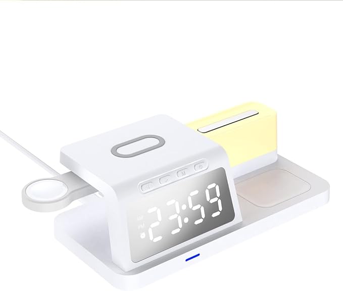 IHAO 6in1Digital Alarm Clock with Wireless Charging Station Night Light 15W Fast Charging for Qi Phone Headphone Bracket for iWatch LED Display Dimmable Brightness-HT309 White