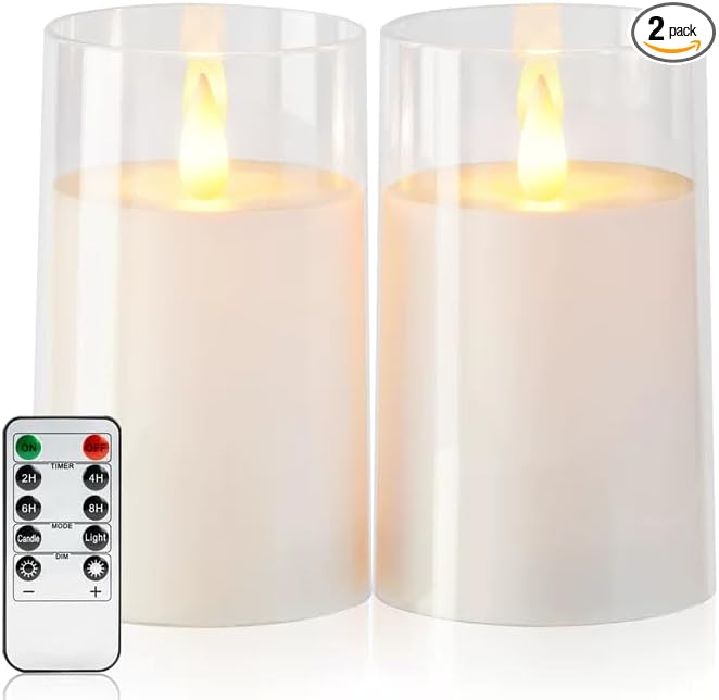 Amagic 3"×5" White Flameless Candles with Remote and Timer, Realistic Flickering Battery Operated Acrylic Led Fake Candles for Home Wedding Party Fall Christmas Decor, Set of 2