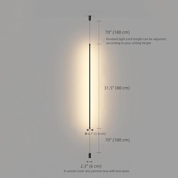 Black Modern Minimalist Pendant Light Linear Floor to Ceiling Light 31.5" Long Strip LED Pendant Lights Hardwired Bedside Hanging Lamp for Bedroom Living Room Corner
