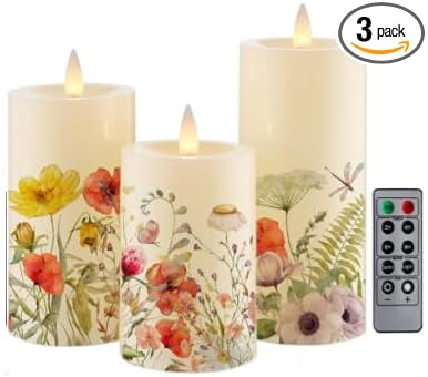 Wild Flower Flameless Pillar Candles, Set of 3 Real Wax LED Candles with Remote Timer, 3D Moving Flame, Battery Operated (2AA) Up to 400 Hours, Spring Decor
