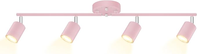 BoostArea LED 4 Light Track Lighting Kit, Pink 4 Way Ceiling Spot Lighting, Flexibly Rotatable Light Head for Kitchen, Living Room, Bedroom, Bulb Not Included