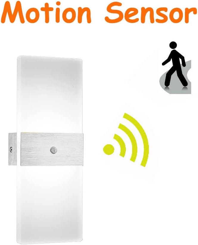 LED Motion Sensor Wall Lamp Security Light 12W SMD 2835 Acrylic Up/Down Wall Sconce Light Motion Activated Porch Lamp Fixture Modern Lighting for Stairway Patio Aisle Brushed Silver 6000K