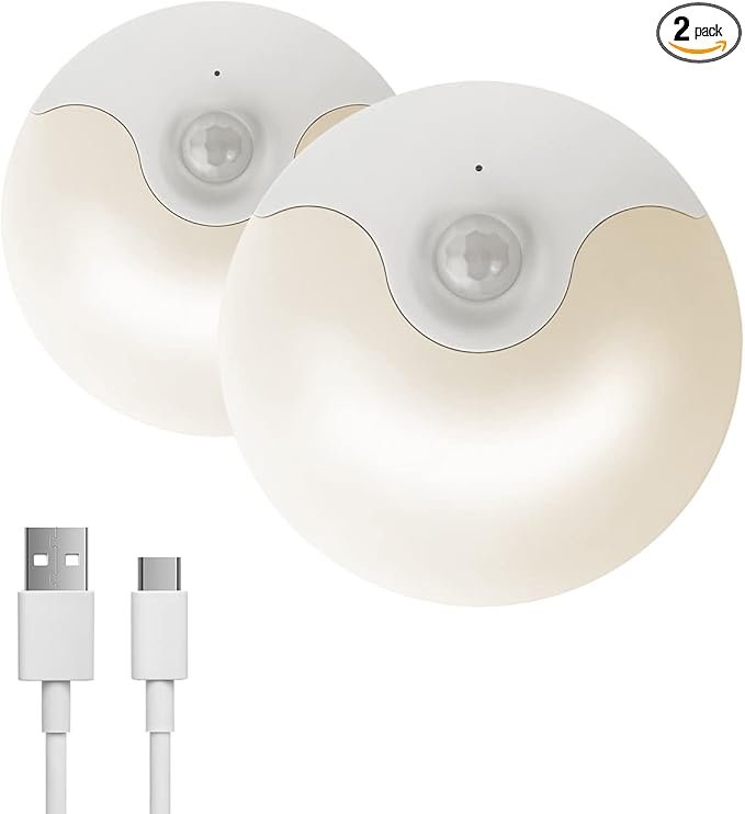 LED Night Light, Rechargeable Closet Light, Dusk to Dawn Sensor, Small Nightlight Automatically Turn On & Off, Compact Size, Adjustable Brightness & Color, 2 Pack