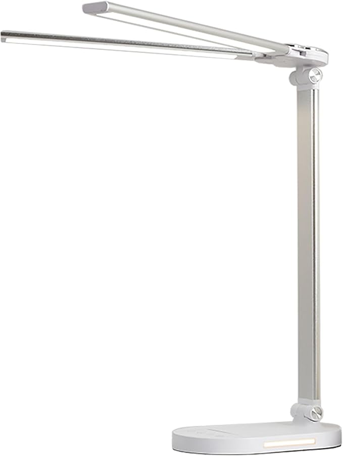 LED Double Head Desk Lamp with Night Light, 5 Color Temp, Slide Steplessly Adjust Brightness, 60 min Timer, Touch Control, Foldable Table Light for Working, Reading (White Plug-in)