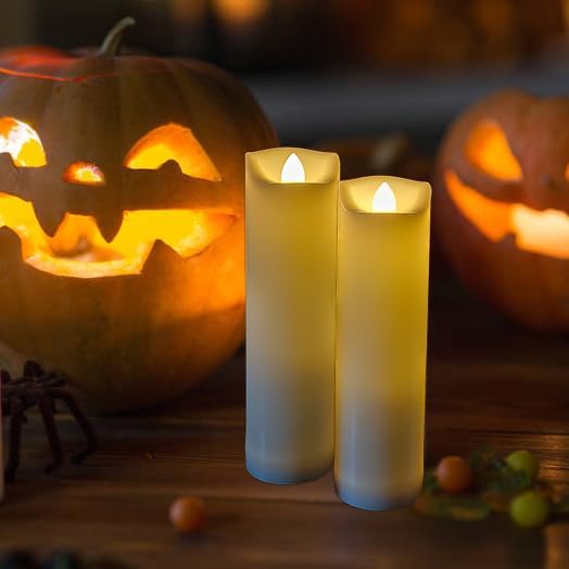 iZAN 2 Pack Flameless Battery Operated LED Pillar Candles with Remote Outdoor Waterproof Flickering Decorative Lights for Halloween Christmas Home Kitchen Décor Wedding Party Event Decorations 2”x7”