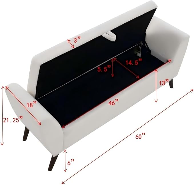 60'' Modern Upholstered Storage Ottoman Bench with Mid-Century Wood Legs, Entryway Bench with Hidden Storage for Living Room, Bedroom, and End of Bed, Comfort Padded Seat (B-White)