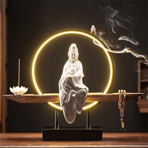 LED Ring Light Ceramic Buddha Incense Burner - Indoor Bonsai Tree Decorative Figurine for Home & Office Decoration, Zen Decor, Spiritual Gift, Meditation Accessory