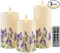 Lilac Flower Flameless Pillar Candles, Set of 3 Real Wax LED Candles with Remote Timer, 3D Moving Flame, Battery Operated (2AA) Up to 400 Hours, Spring Decor