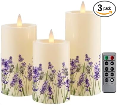 Lilac Flower Flameless Pillar Candles, Set of 3 Real Wax LED Candles with Remote Timer, 3D Moving Flame, Battery Operated (2AA) Up to 400 Hours, Spring Decor