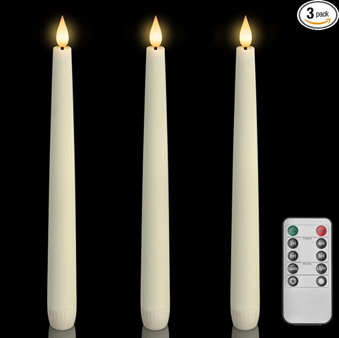 Homemory 3 Pcs Waxy Flameless Taper Candles with Remote, Flickering Battery Operated Classic Tall Candles for Home, Wedding, Party, Ivory, 9.6 inches