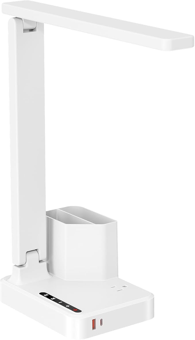 COZOO LED Desk Lamp with 2 USB Charging Ports,Type C Port,1 AC Outlet,2 Pen Holders,3 Color Temperature 3 Brightness Level,Touch/Memory/Timer,10W Eye Protection Foldable Reading Light,Study Lamp-White
