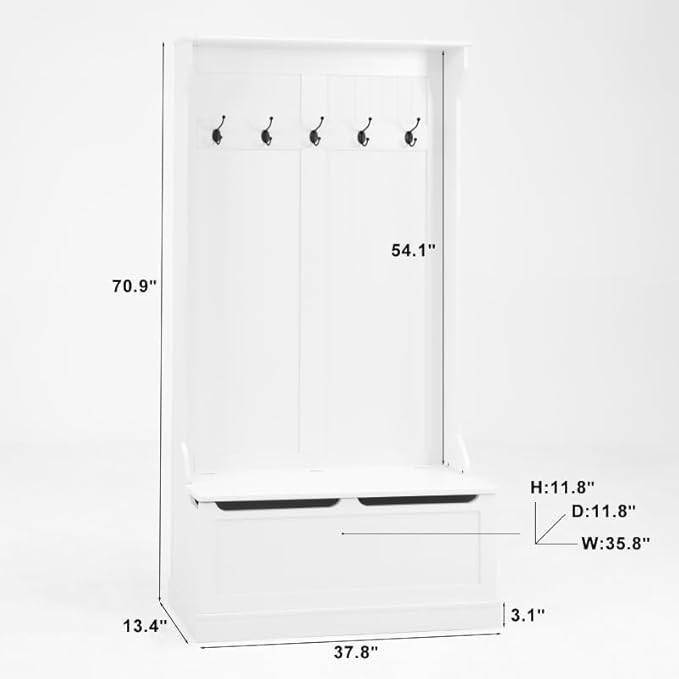 Hall Tree with Bench and Shoe Storage, Entryway Organizer with 5 Hooks, Cushioned Mudroom Storage Benchs with Coat Rack for Hallway and Living Room, White