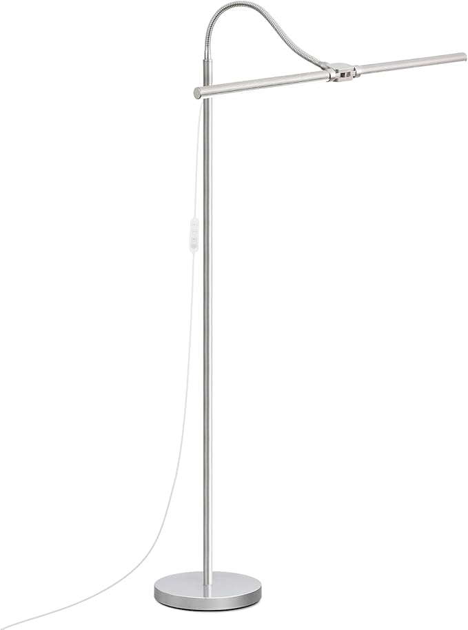 Bright Floor Lamp, 18W/2000LM Silver LED Floor Lamp with Double Head, Adjustable Gooseneck Dimmable Craft Light for Sewing Tatoo Puzzle，Eye Caring Reading Lamps for Living Room Bedroom Office