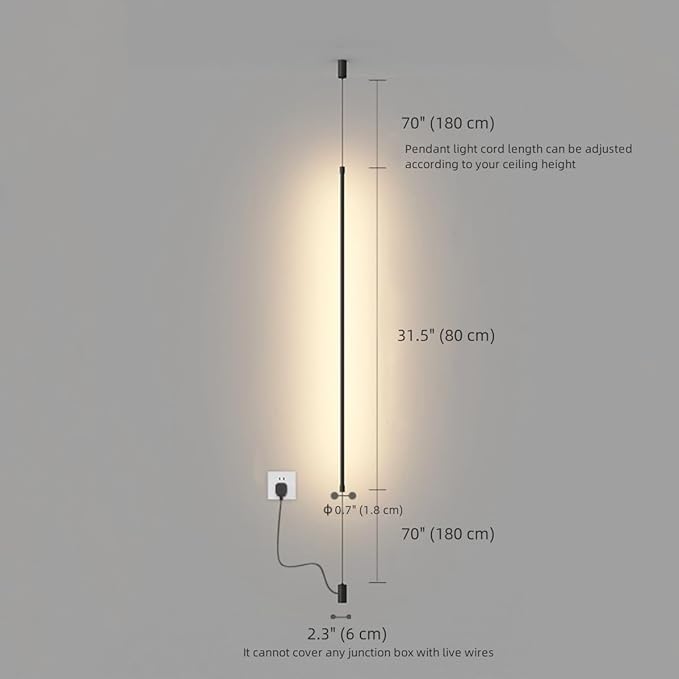 Modern Minimalist Linear Pendant Floor to Ceiling Lamp 31.5" Plug in Bedside Pendant Light Long Strip LED Hanging Lamp for Bedroom Living Room Corner