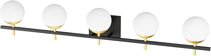 Ralbay Mid Century Modern Bathroom Vanity Light Fixture 5 Light Milky Glass Globe Modern Bathroom Light Fixture Over Mirror, Black/Golden 5 Light