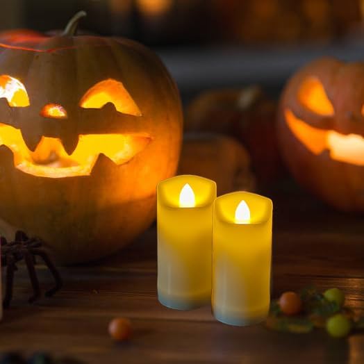 iZAN 2 Pack Flameless Battery Operated LED Pillar Candles with Remote Outdoor Waterproof Flickering Decorative Lights for Halloween Christmas Home Kitchen Décor Wedding Party Event Decorations 2”x4”