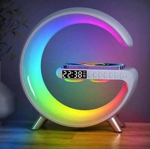 Smart LED Table Lamp,4 in 1 Night Light,Wireless Charger,Alarm Clock and Bluetooth Speaker with App Control Color Changing Lamp for Bedroom, Office, and Home Decor (White)