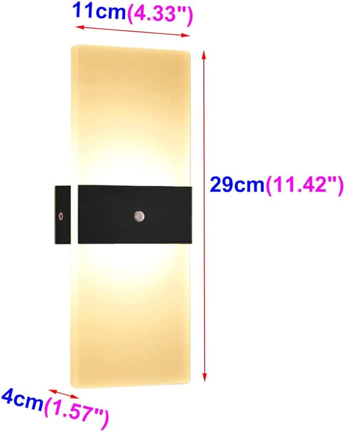 LED Motion Sensor Wall Lamp Security Light 12W SMD 2835 Acrylic Up/Down Wall Sconce Light Motion Activated Porch Lamp Fixture Modern Lighting for Stairway Patio Aisle Brushed Black 3000K