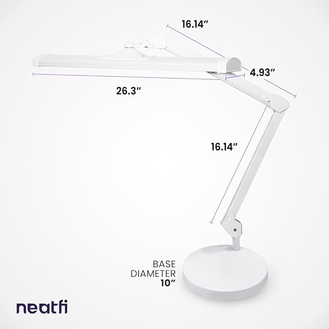 Neatfi Ultra 3,500 Lumens LED Desk Lamp – 45W, 26” Wide Metal Shade, 270 SMD LEDs, Shadow-Free | Adjustable Brightness | Non-Flickering Task Light for Nail, Craft & Office (Non-CCT with Base, White)