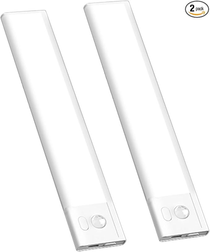 2 Pack Under Cabinet Lighting, 3 Colors & Dimmable Motion Sensor Light Indoor, 900mAh Rechargeable Under Cabinet Lighting Magnetic for Kitchen, Stairs, Closets, White(ABS+PC)