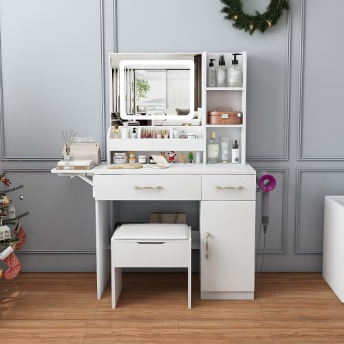 Makeup Vanity Desk with Mirror and Lights, Vanity Table Set with Storage Drawers, Charging Station & Storage Stool, Large Dressing Table for Women Girls Bedroom, White