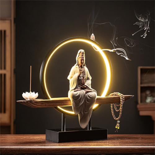 LED Ring Light Ceramic Buddha Incense Burner - Indoor Bonsai Tree Decorative Figurine for Home & Office Decoration, Zen Decor, Spiritual Gift, Meditation Accessory