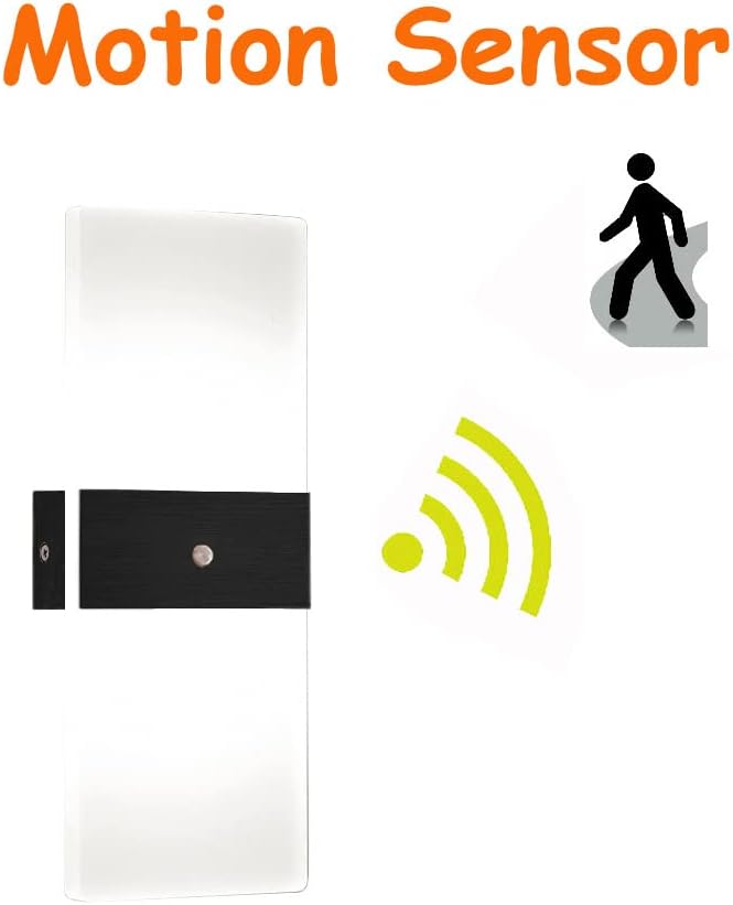LED Motion Sensor Wall Lamp Security Light 12W SMD 2835 Acrylic Up/Down Wall Sconce Light Motion Activated Porch Lamp Fixture Modern Lighting for Stairway Patio Aisle Brushed Black 6000K