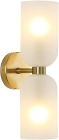 Minimalist 2-Light Gold Wall Sconces with Cylinder Glass Shades- Mid Century Vanity Wall Double Lights Hardwired- Modern Indoor Glass Wall Mounted Art Decor Lights (Frosted White, 1 Pack)