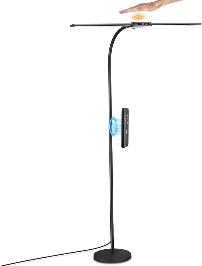 Syrinx LED Floor Lamp, 14W 2000LM Bright Reading Floor Lamp for Office, Gesture & Remote Control, Dual Head Goose-Neck Standing Lamp, Dimmable Brightness & Color Temp, Eye Caring Light for Living Room