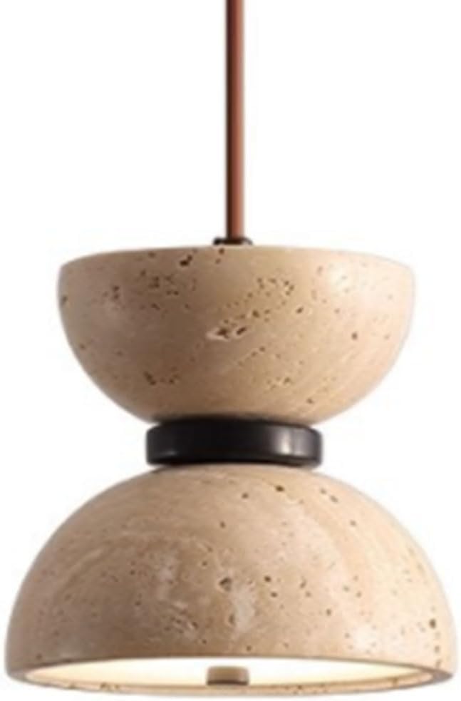 Double-Layer Natural Stone Bowl-Shaped Chandelier 5.9-inch Japanese Wabi-Sabi Style Lighting Fixture Indoor Yellow Travertine Chandelier Suitable for Bedside Tables, Dining Rooms,