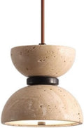 Double-Layer Natural Stone Bowl-Shaped Chandelier 5.9-inch Japanese Wabi-Sabi Style Lighting Fixture Indoor Yellow Travertine Chandelier Suitable for Bedside Tables, Dining Rooms,