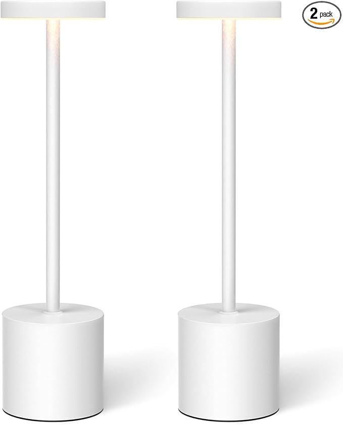White Rechargeable Cordless Table Lamps Set, 5000mAh Battery Powered Wireless Table Light, Portable LED Desk Lamp, 3 Color Dimmable Lighting for Restaurant Dining Patio Outdoor Bedroom